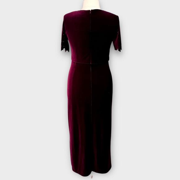 Vintage 90s Burgundy Velvet Column Gown Scallop Eyelet Overlay Maxi Dress Sz 14 - Picture 7 of 13